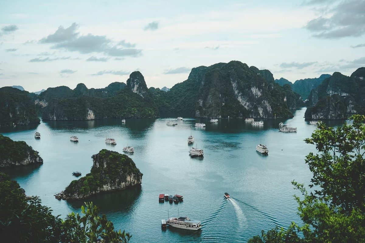Coastal landscape and traditional boats in Vietnam